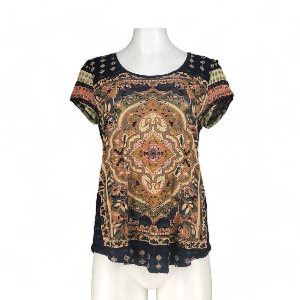 Lucky Brand Tee Short Sleeve Persian Carpet Scoop Neck 100% Viscose Blue Multi M